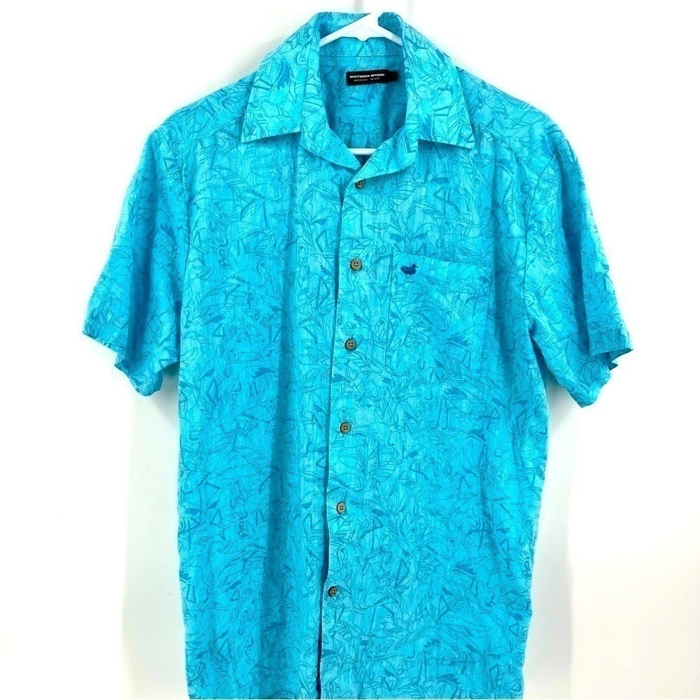 Southern Marsh Mens Turquoise Blue Flamingo Tropical Short Sleeve Shirt Small - Picture 2 of 5